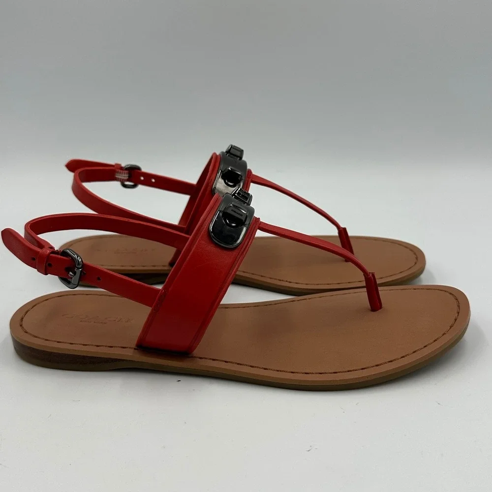 Coach Red Leather T-Strap Sandals